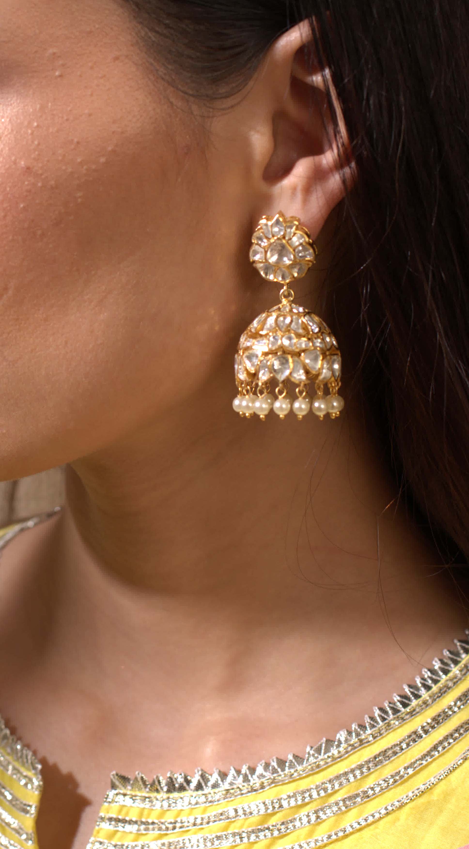 Gold Plated White Polki Jhumki Earrings - Amrrutam