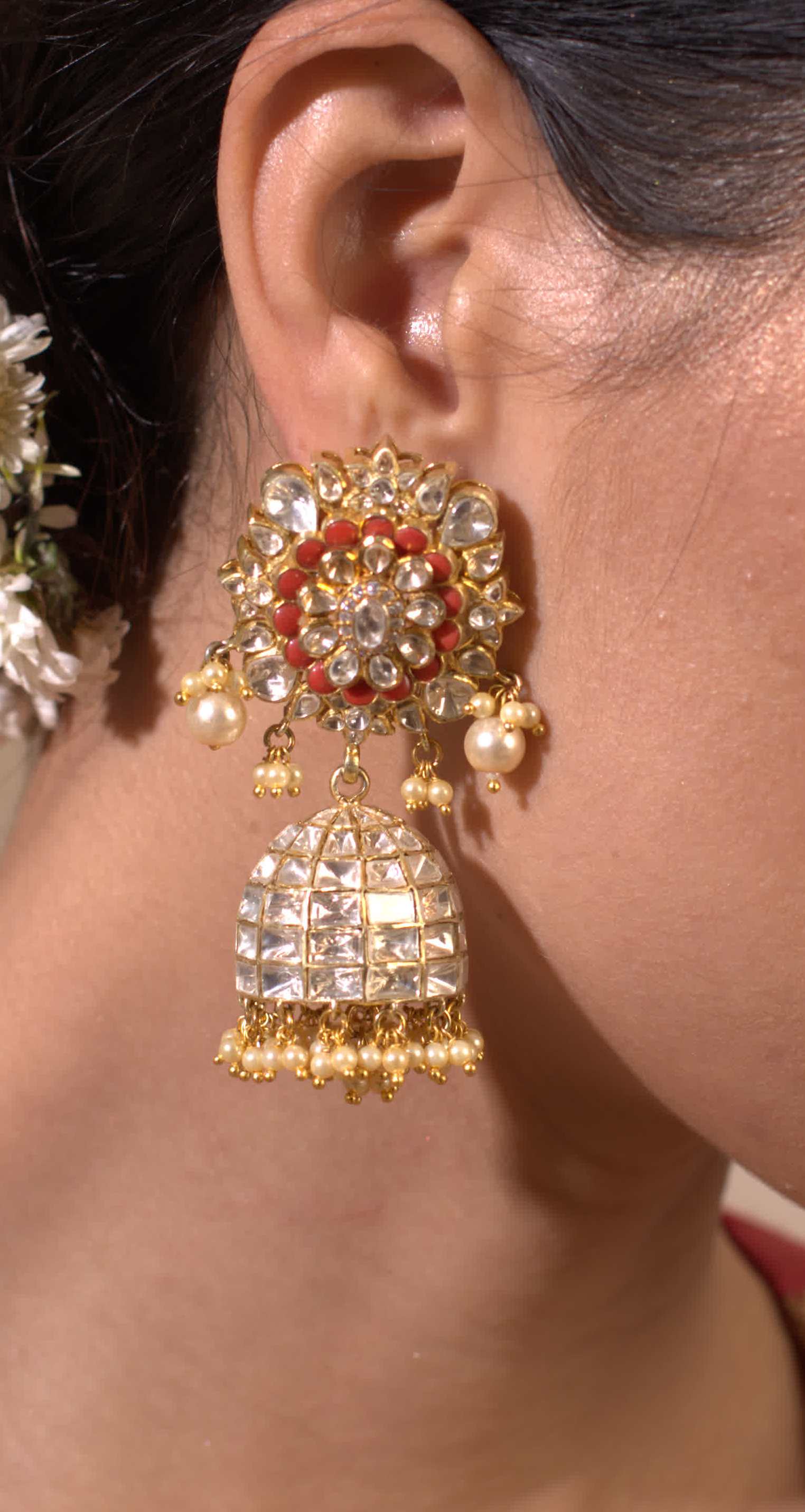 Gold Plated Coral Jhumki Earrings - Amrrutam