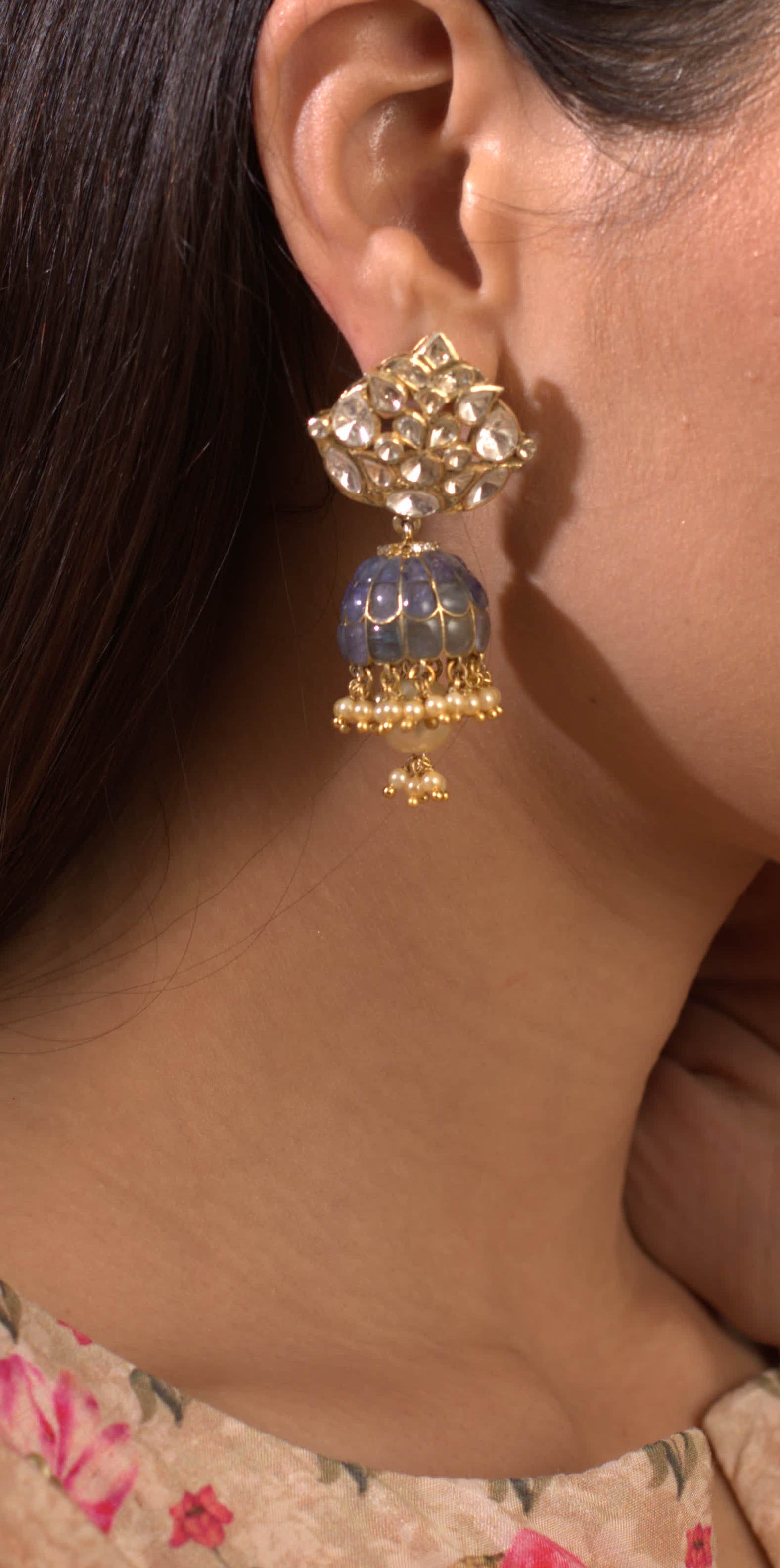 Gold Plated Blue Sapphire Jhumki Earrings - Amrrutam