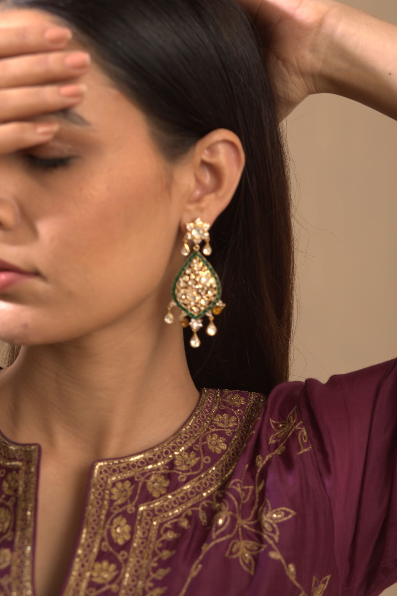 Gold Plated Green Stone Dangler - Amrrutam