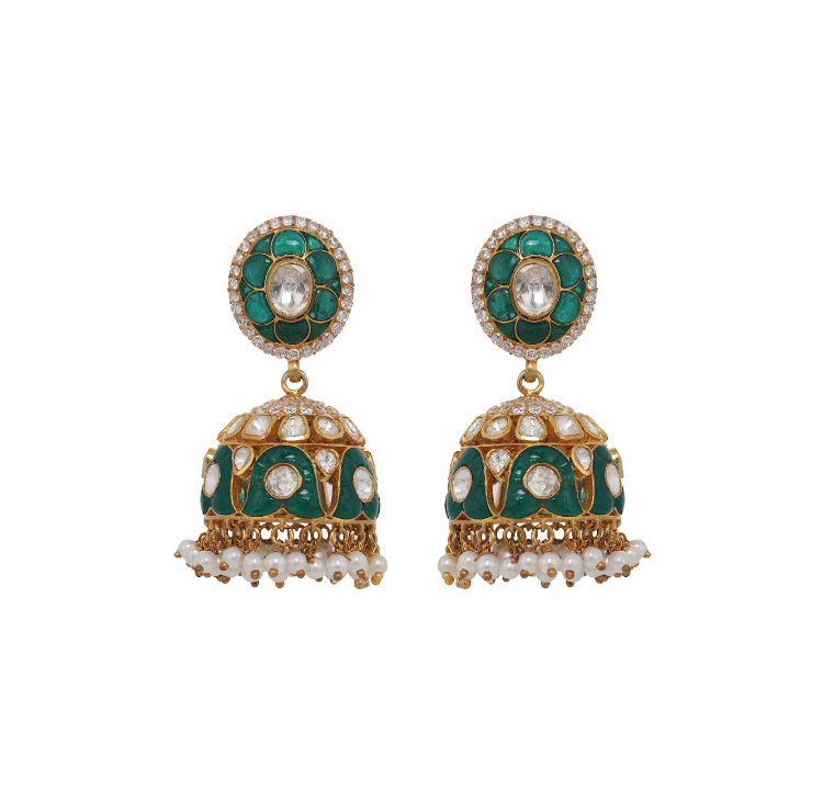 Silver Green Jhumka Earrings - Amrrutam