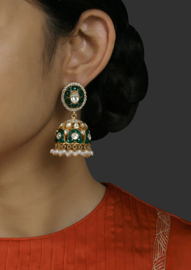 Silver Green Jhumka Earrings - Amrrutam