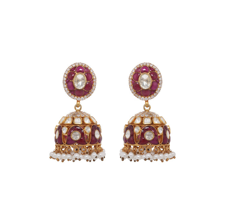 Silver Maroon Jhumka Earrings - Amrrutam