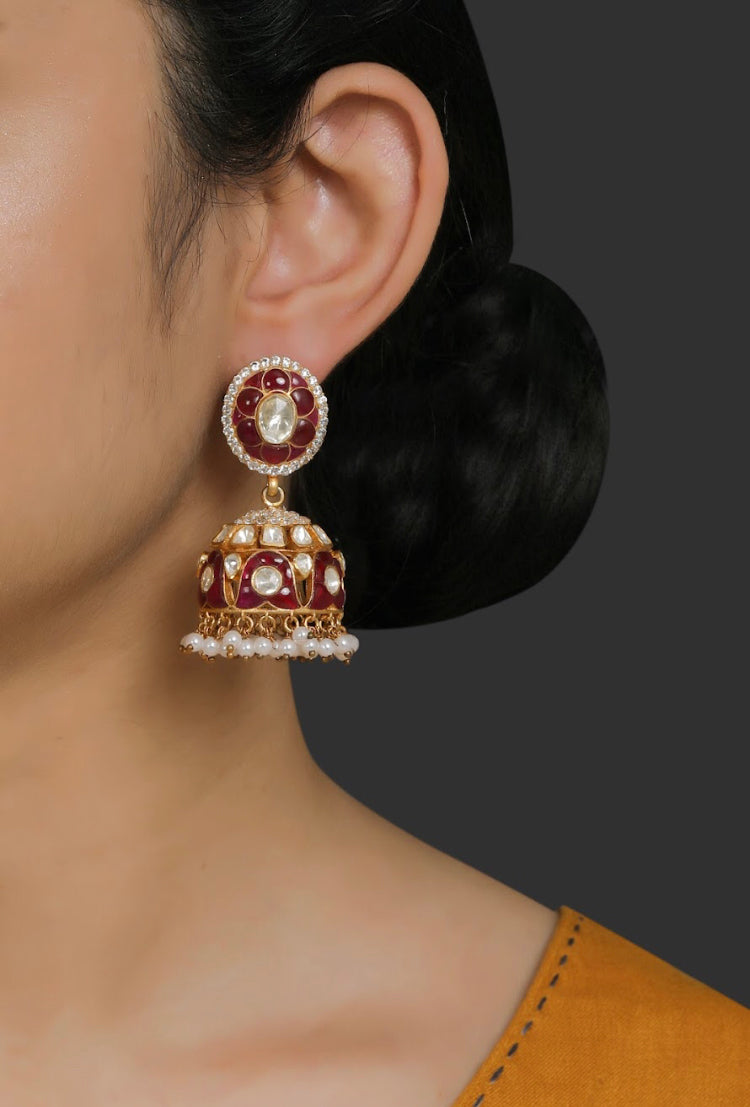 Silver Maroon Jhumka Earrings - Amrrutam