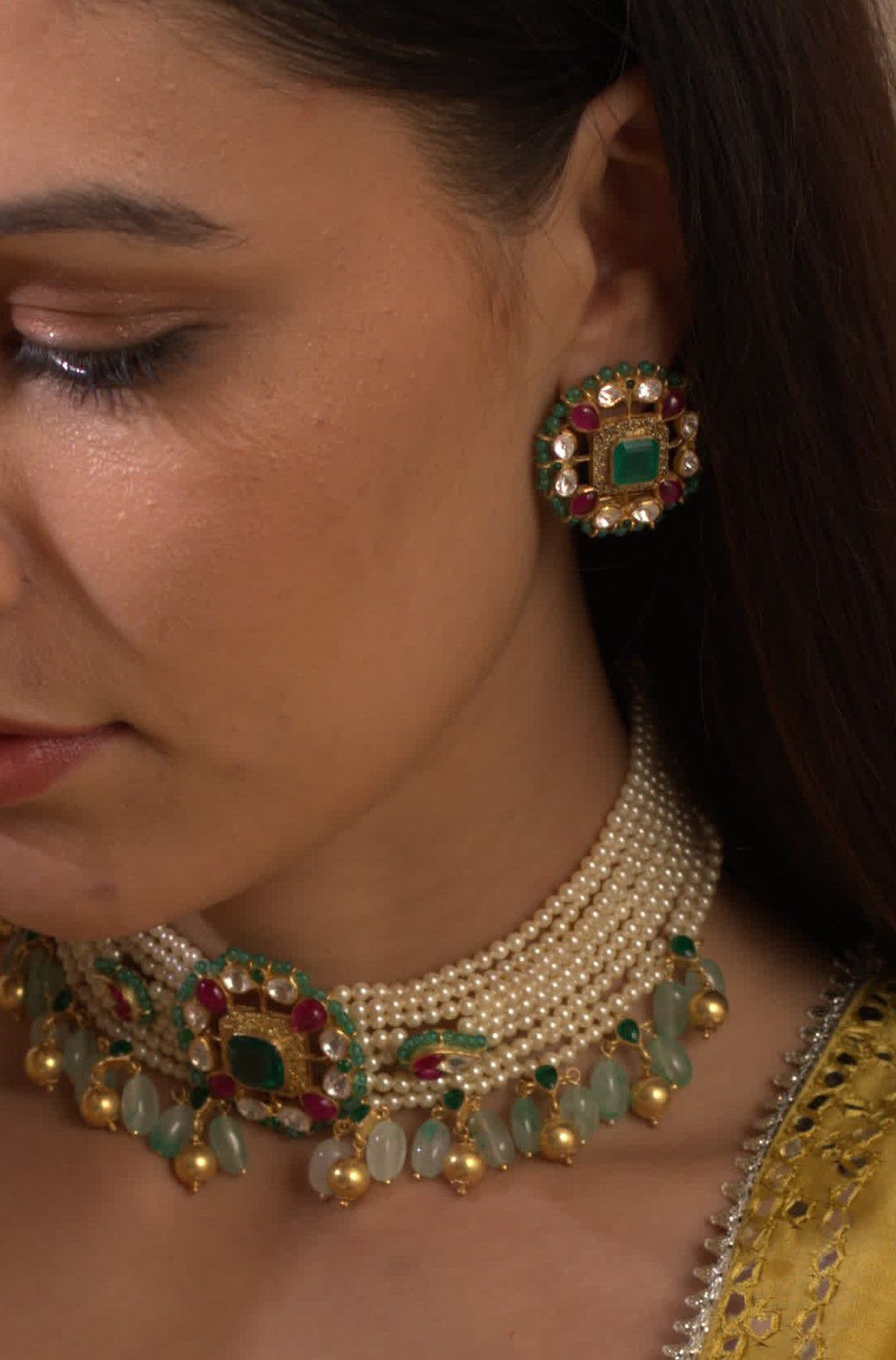 Gold Plated Silver Choker With Ear Studs - Amrrutam