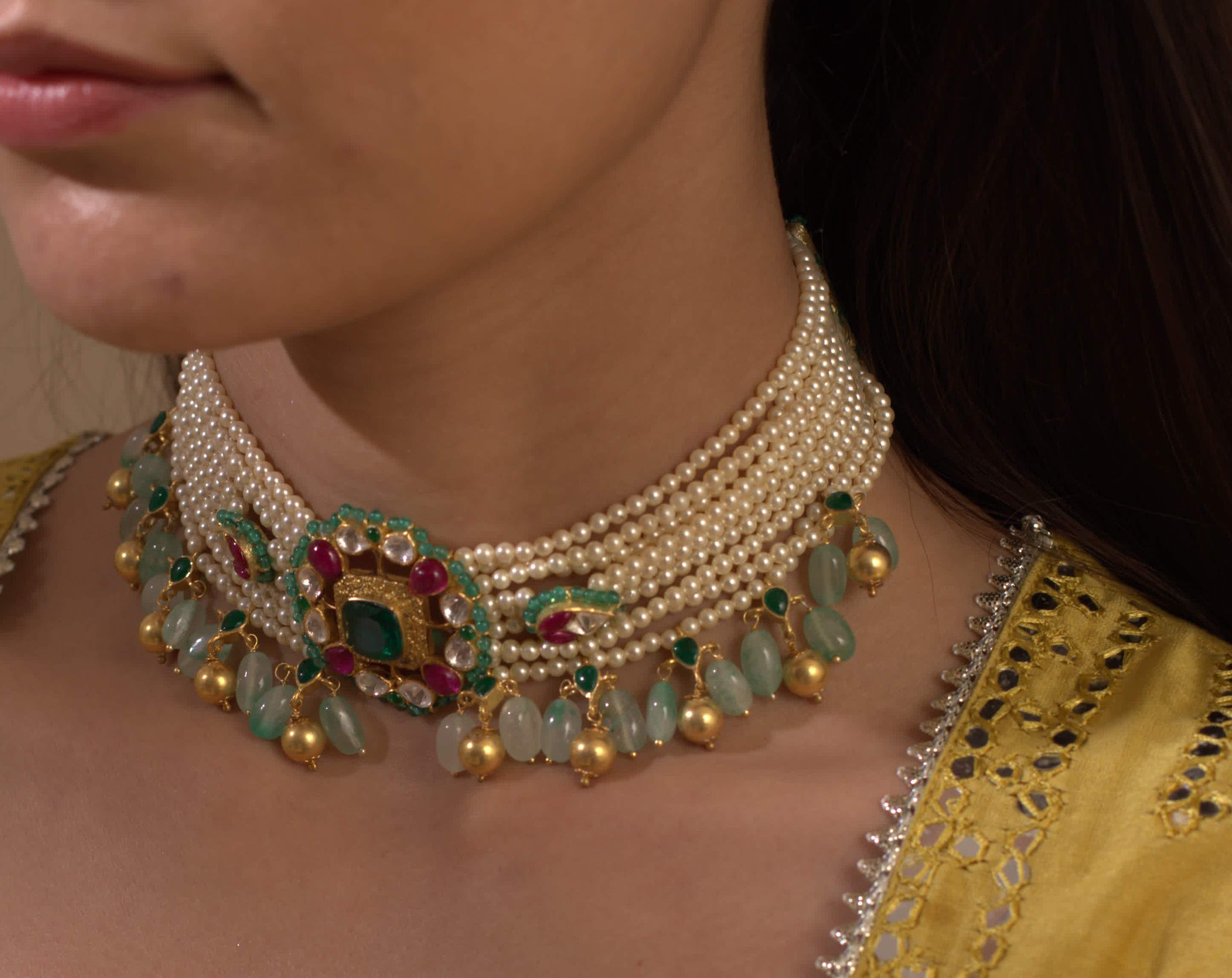 Gold Plated Silver Choker With Ear Studs - Amrrutam