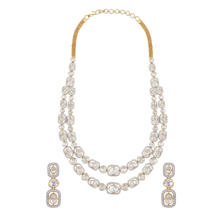 Silver Polki Double Line Necklace Set - Amrrutam