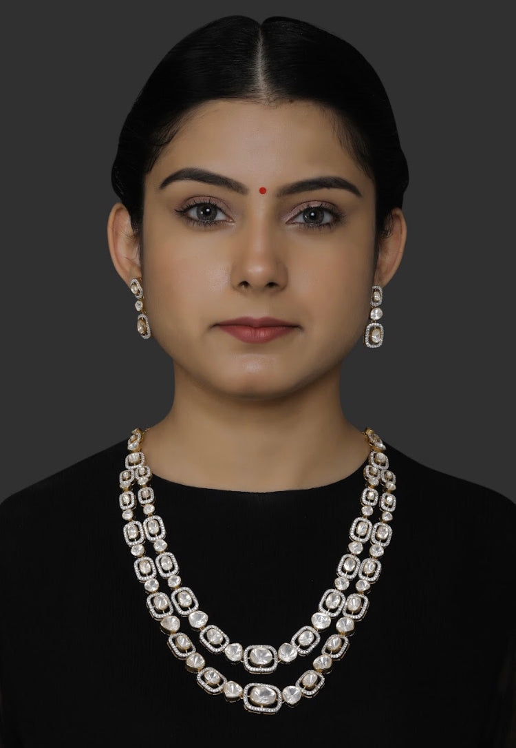 Silver Polki Double Line Necklace Set - Amrrutam