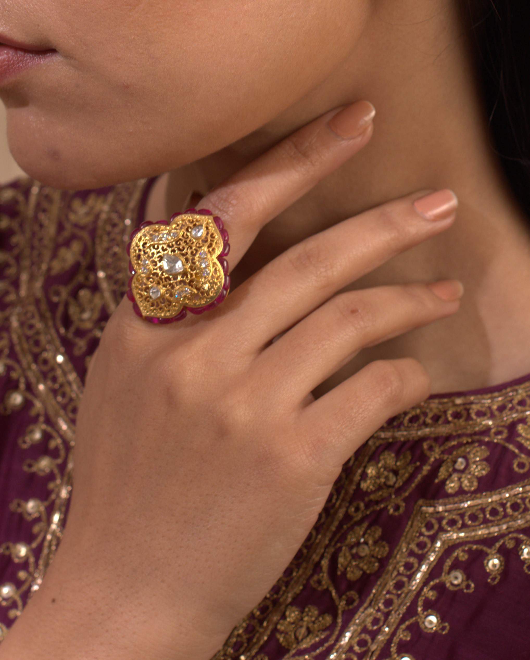 Gold Plated Silver Jaali Ring - Amrrutam