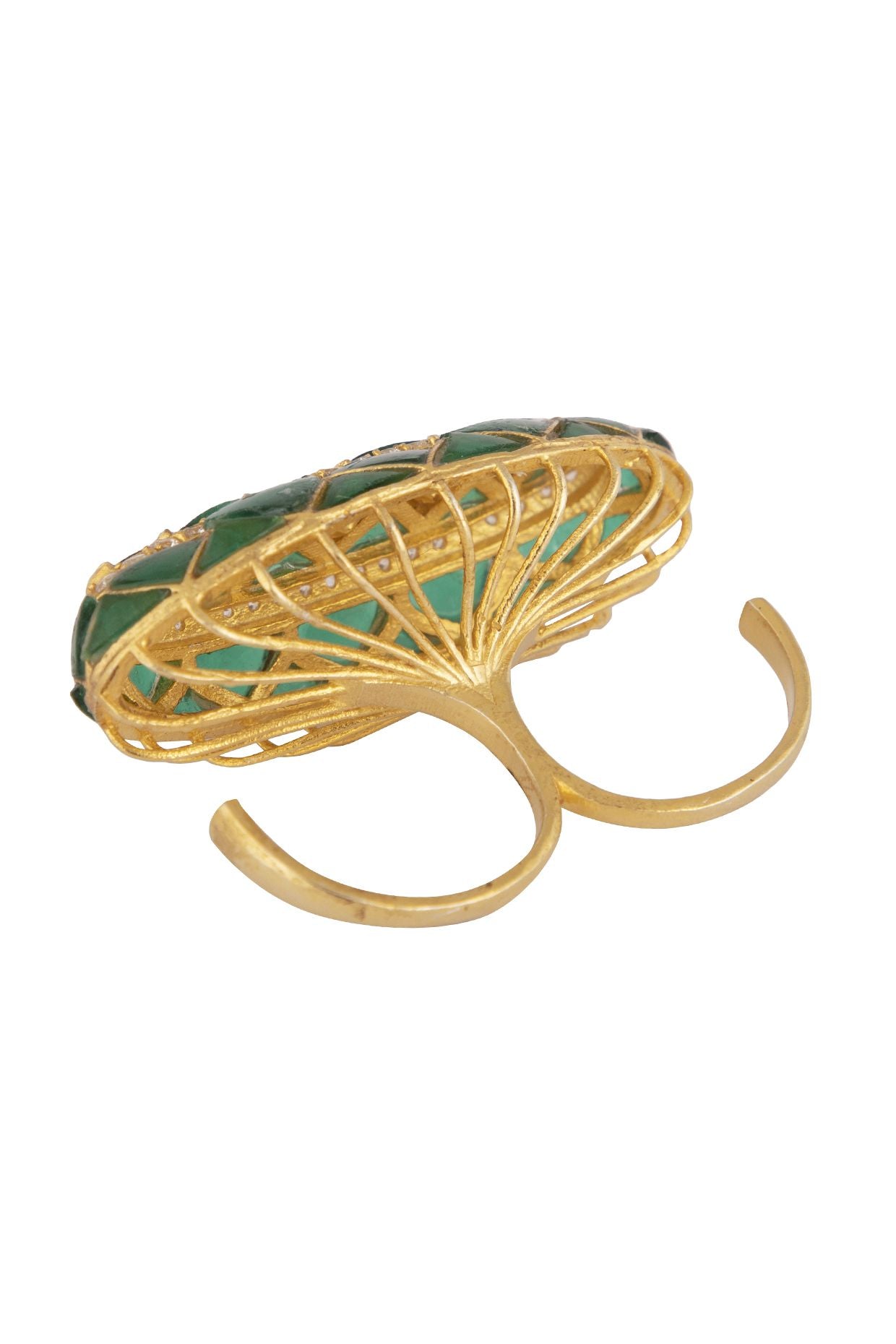 Gold Plated Green Two Finger Ring - Amrrutam