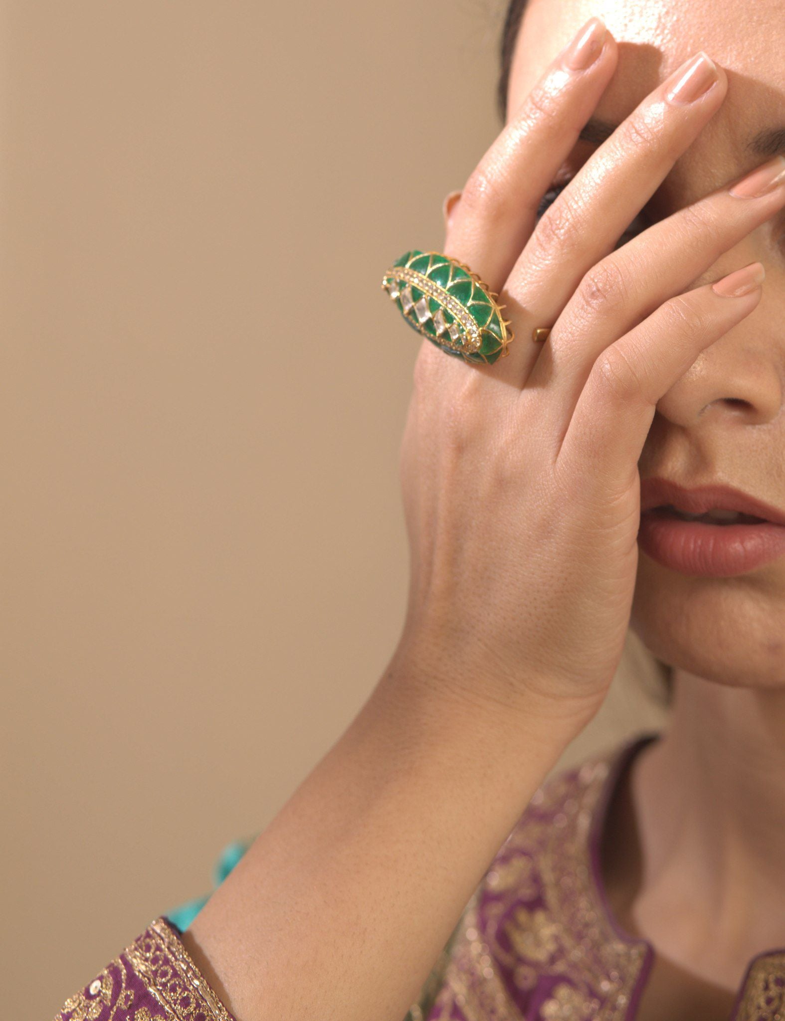 Gold Plated Green Two Finger Ring - Amrrutam
