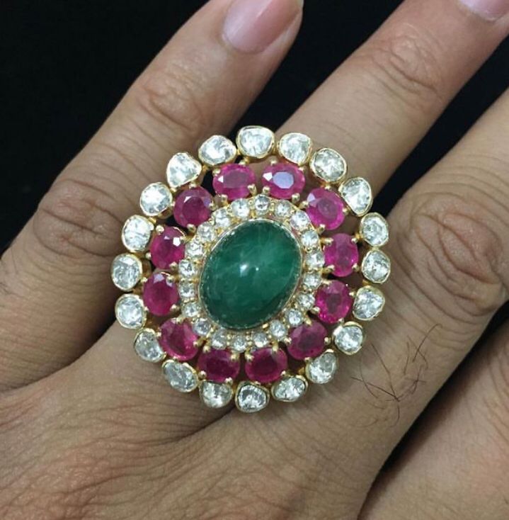 14K Gold Emerald Ruby Diamond Polki Ring - Amrrutam