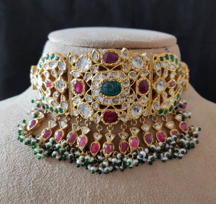 14K Gold Ruby Emerald Polki Choker Necklace - Amrrutam