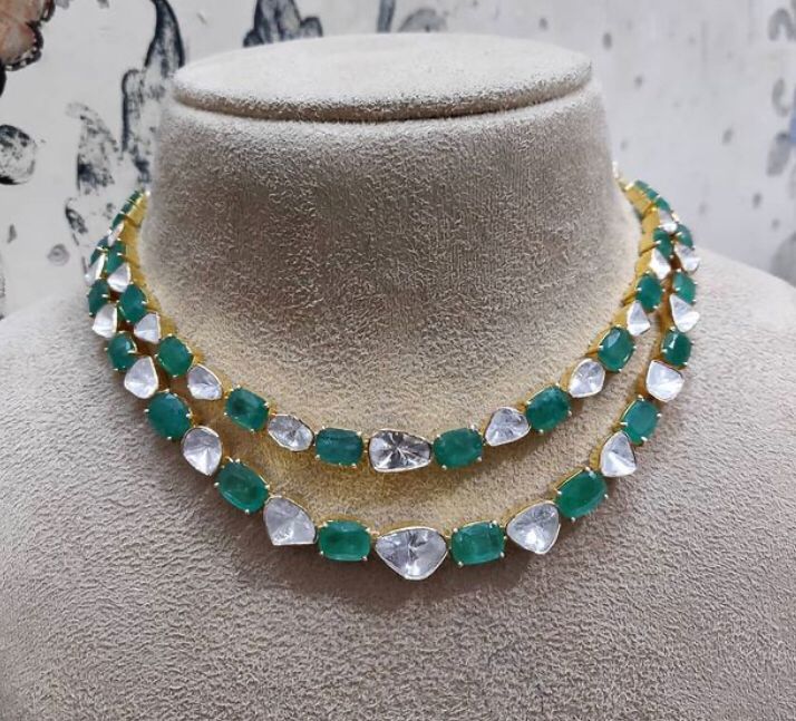 14K Gold Polki Emerald Double Layer Necklace - Amrrutam