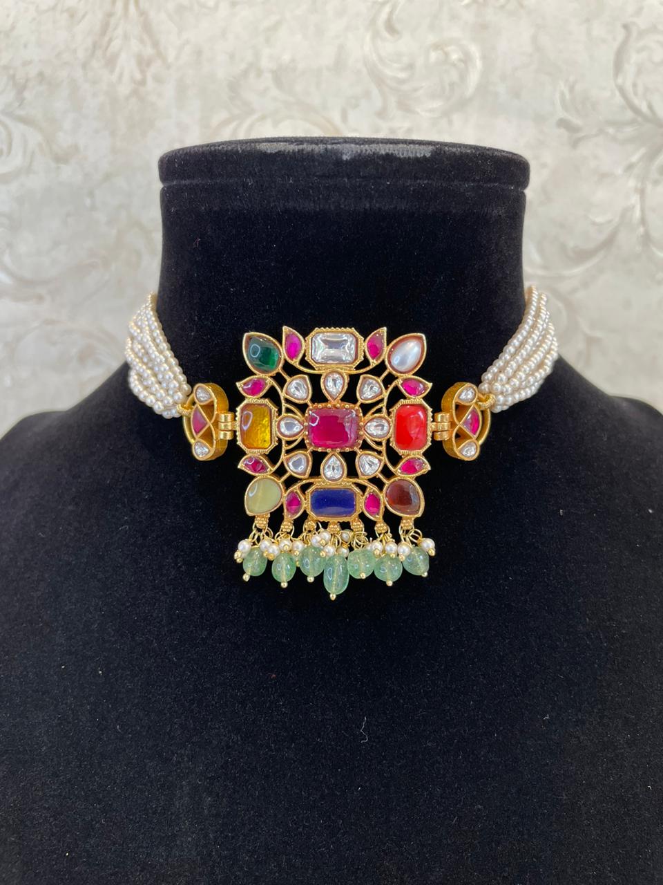 925 Silver Kalash Navratan Choker Necklace Set - Amrrutam Jewellery