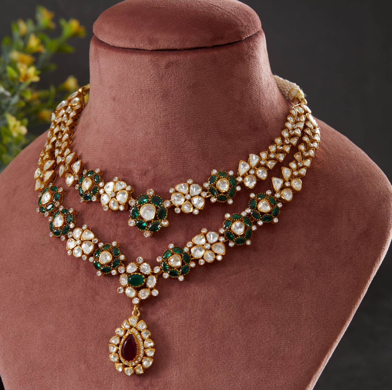 925 Silver Sanganer Double Line Polki Necklace - Amrrutam Jewellery