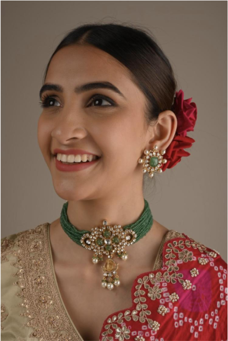 925 Silver Green Polki Choker Set - Amrrutam