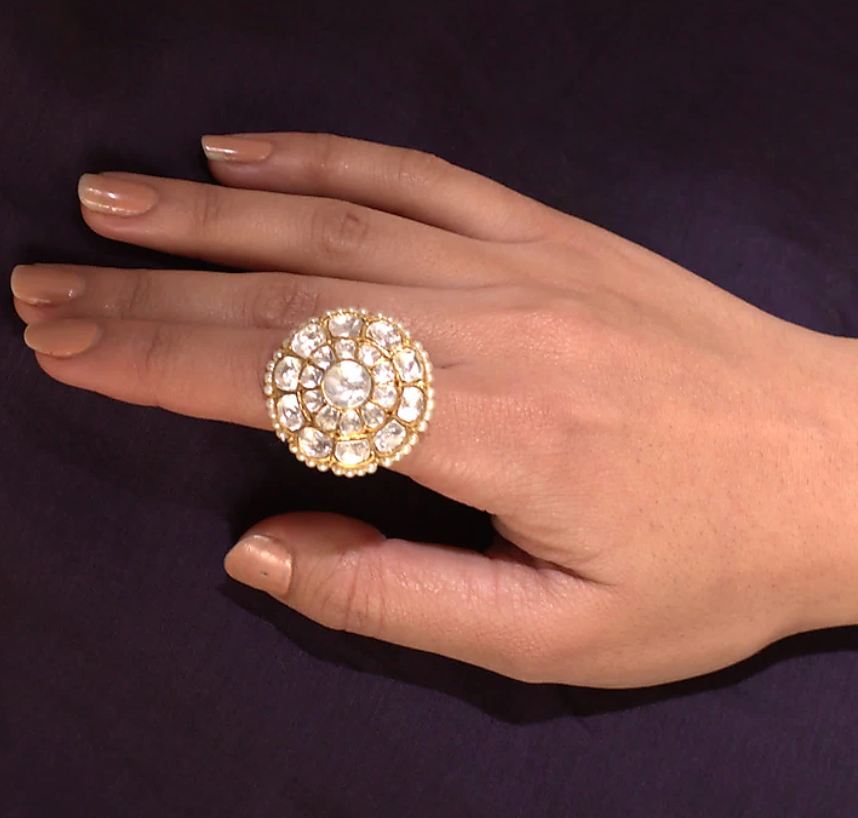 Gold Plated Silver Polki Ring - Amrrutam