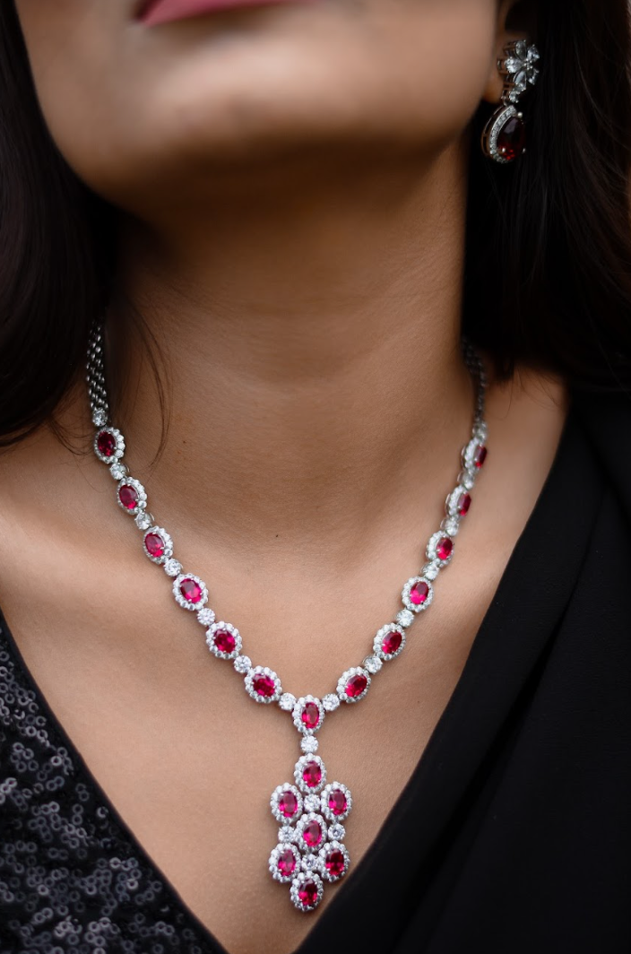 925 Silver Ruby Cocktail Necklace - Amrrutam