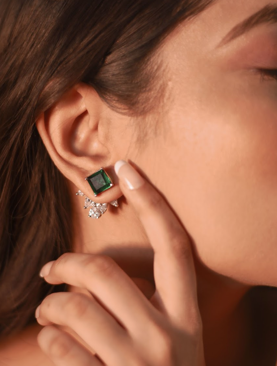 925 Silver Emerald Interchangeable Stud Earrings - Amrrutam