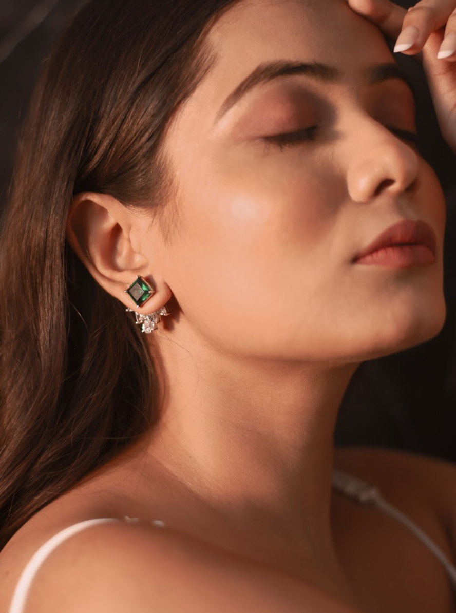 925 Silver Emerald Interchangeable Stud Earrings - Amrrutam