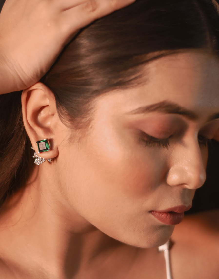 925 Silver Emerald Interchangeable Stud Earrings - Amrrutam