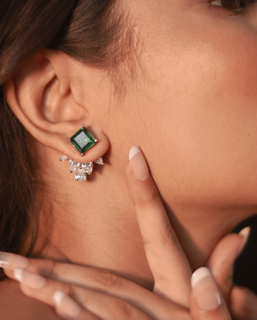 925 Silver Emerald Interchangeable Stud Earrings - Amrrutam