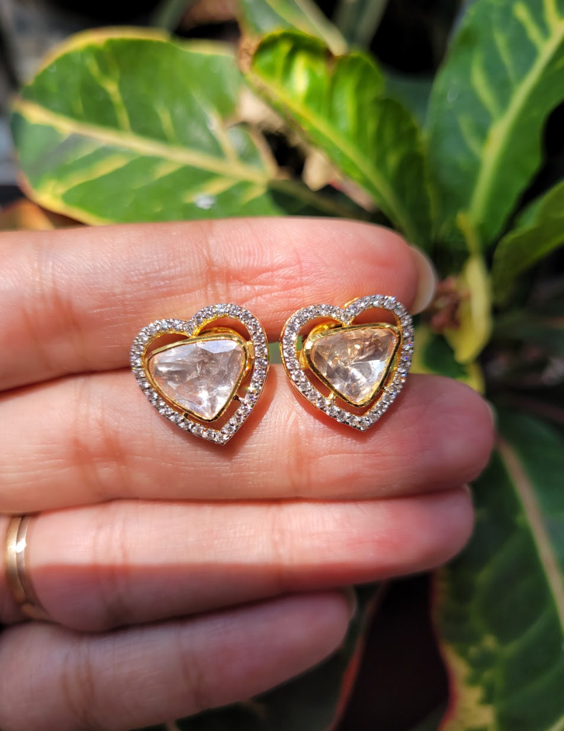 925 Silver Polki Heart Stud Earrings - Amrrutam