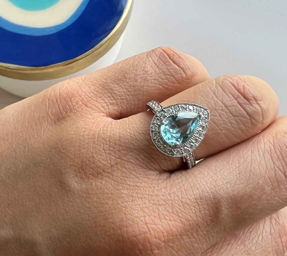 925 Silver Pear Blue Topaz Cocktail Ring - Amrrutam