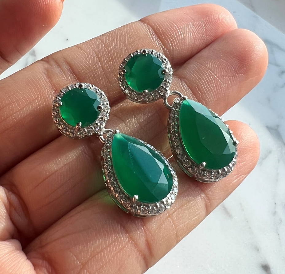925 Silver Green Onyx Drop Earrings - Amrrutam