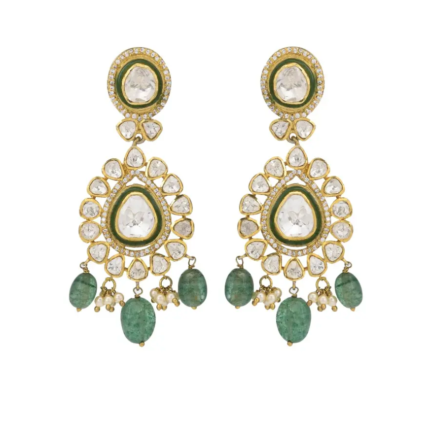 925 Silver Meena Polki Chandbali Earrings - Amrrutam