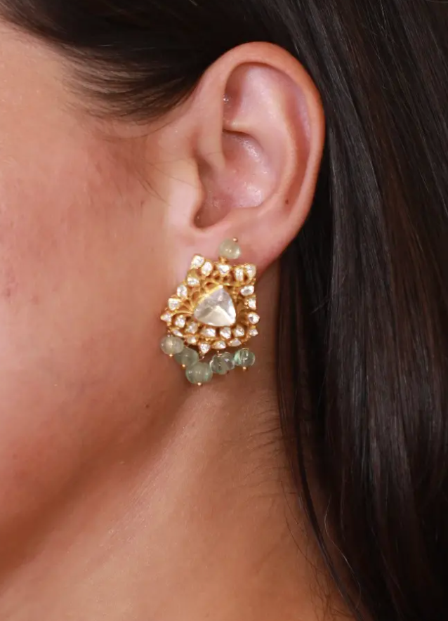 925 Silver Saral Polki Drop Earrings With Green Beads - Amrrutam