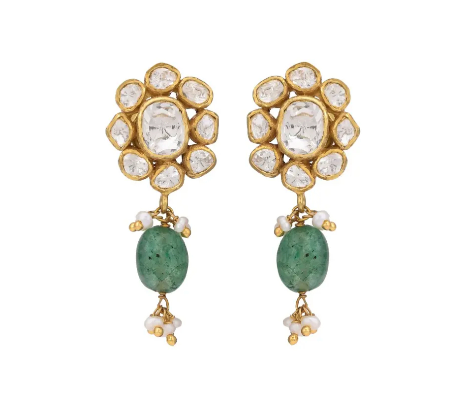 925 Silver Floral Polki Drop Earrings With Green Beads - Amrrutam