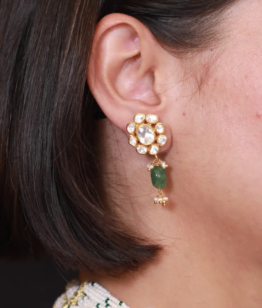 925 Silver Floral Polki Drop Earrings With Green Beads - Amrrutam