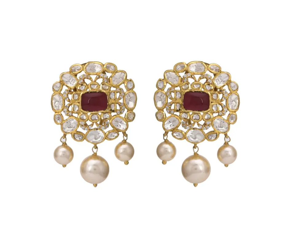 925 Silver Ruby Polki Drop Earrings With Pearls - Amrrutam