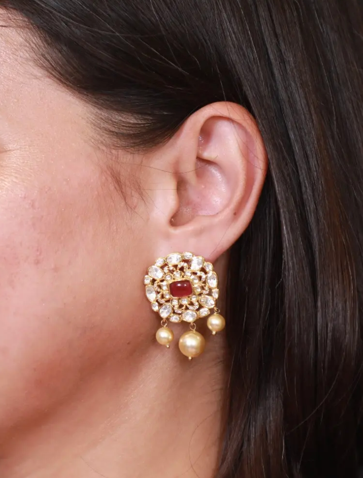 925 Silver Ruby Polki Drop Earrings With Pearls - Amrrutam