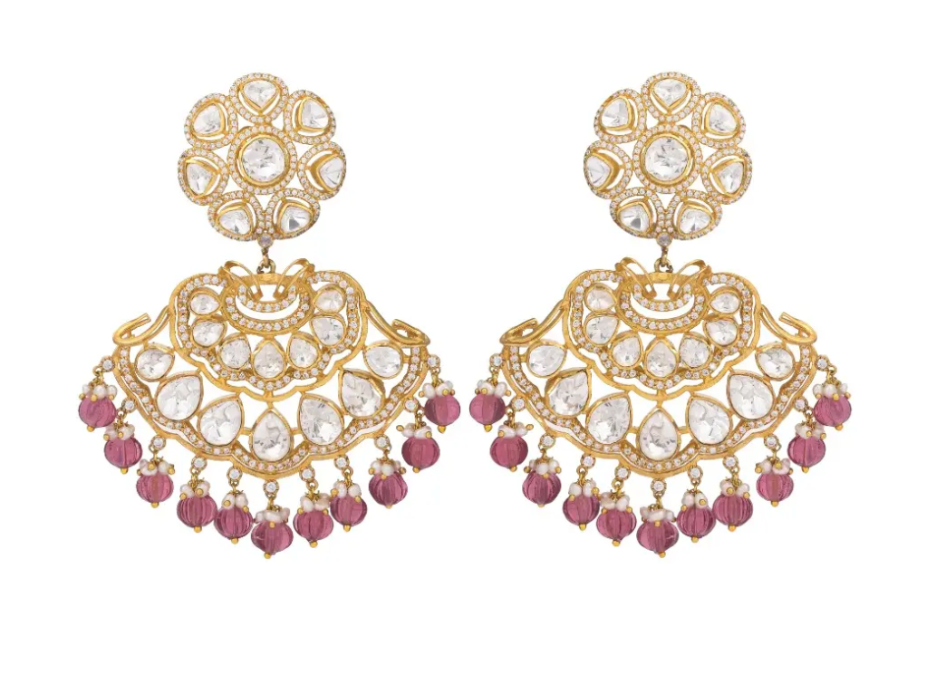 925 Silver Polki Chandbali Earring With Pink Beads - Amrrutam