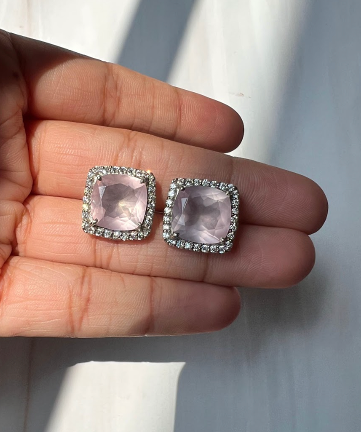 925 Silver Rose Quartz Stud Earrings - Amrrutam