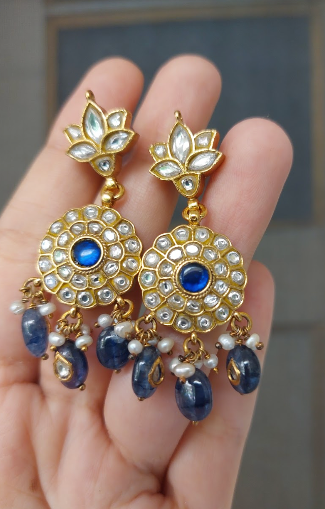 925 Silver Firoz Blue Polki Earrings - Amrrutam