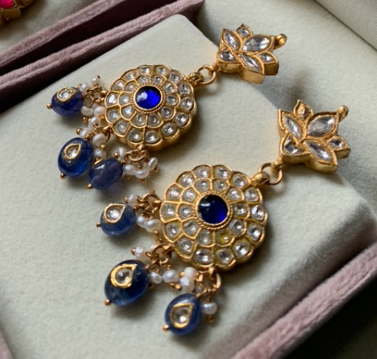 925 Silver Firoz Blue Polki Earrings - Amrrutam