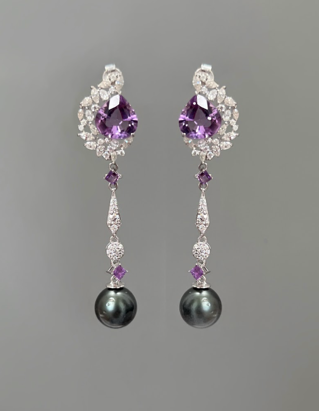 925 Silver Amethyst And Black Pearl Drop Earring - Amrrutam