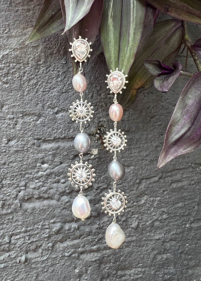 925 Silver Long Multi Pearl Earring - Amrrutam