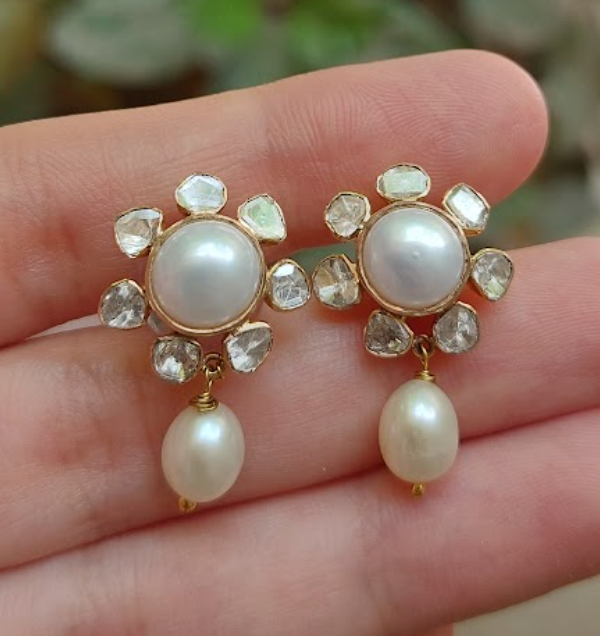 14K Pearl Diamond Polki Drop Earrings - Amrrutam