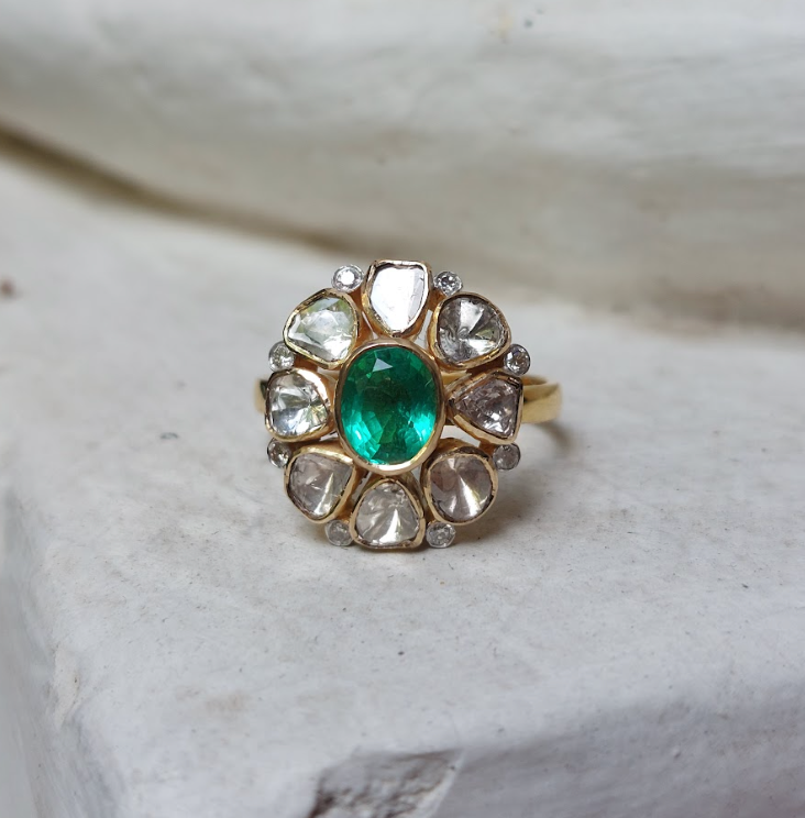 14K Gold Emerald Diamond Polki Ring - Amrrutam