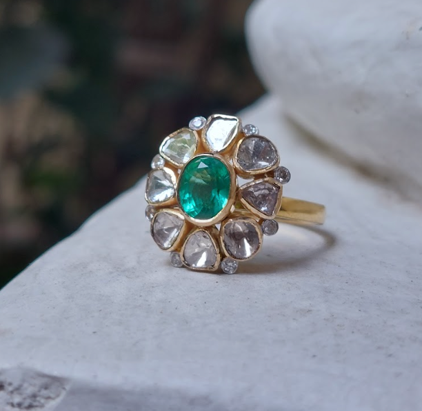 14K Gold Emerald Diamond Polki Ring - Amrrutam