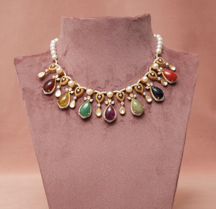 925 Silver Alya Navratana Necklace - Amrrutam