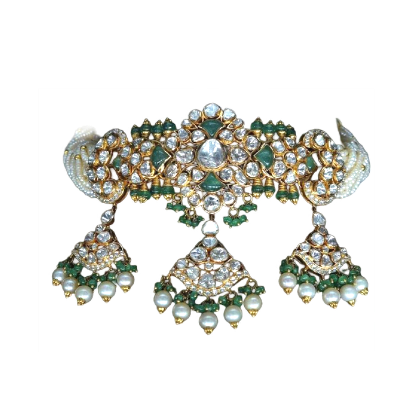 925 Silver Emerald Polki Choker Necklace Set - Amrrutam