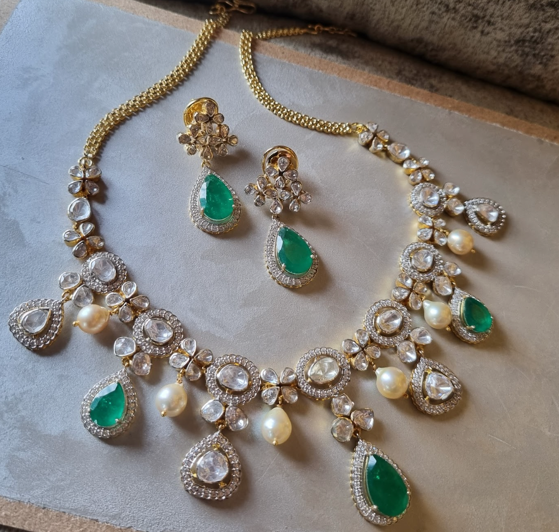925 Silver Polki Emerald SouthSea Necklace Set - Amrrutam