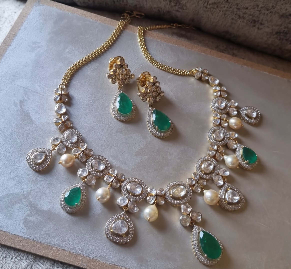 925 Silver Polki Emerald SouthSea Necklace Set - Amrrutam