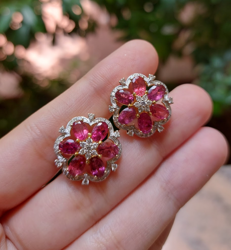 14K Gold Rubellite Diamond Stud Earrings - Amrrutam